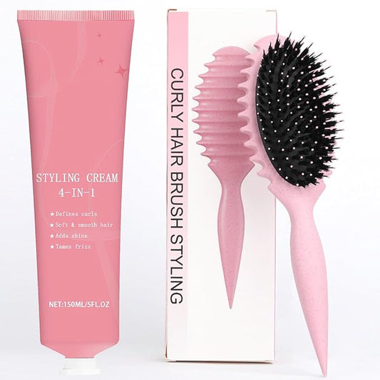 Curly Hair Brush & Styling Cream Set for Hair, Curl Defining Anti Frizz Cream with Curl Defining Brush, Moisturizing Lightweight Hold for Wavy Curly Coily Hair Women & Men