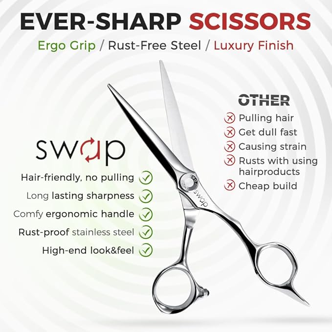 SWAP Professional Hair Cutting Scissors - 6.0'' Japanese SUS 440C Steel Barber Scissors, 60-62HRC Sharp Edge Blade with Adjustable Tension Screw for Salon & Home Use（6.0'' Hair Shears）
