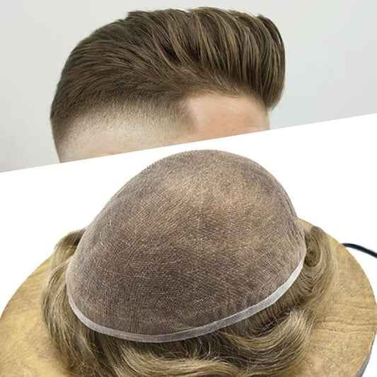 Toupee For Men Real Human Hair System For Men Full Swiss Lace Mens Toupee Lace Hair Piece For Men Hair System Bleached Knots 8x10-90% light density#1710 17# DARK ASH BLONDE+10% GREY