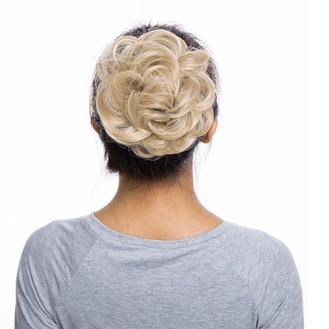 Benehair Hair Bun Hairpiece Scrunchy Updo Hair Pieces Fluffy Scrunchies Donut Hairpiece Synthetic Curly Wavy Messy Chignons With Elastic Rubber Band Dark Blonde & Bleach Blonde-Thicker 1pc 35g