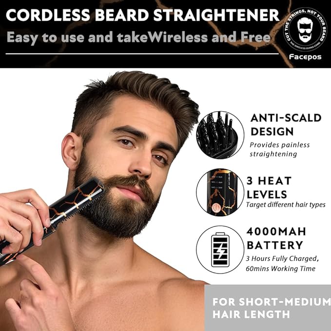 Wireless Electric Heated Beard Straightener Set-FACEPOS Elegant Crackle Pattern Design + Bonus Beard Brush & Wooden Comb for Perfect Grooming