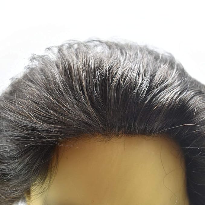 Mens Toupee Human Hair System Durable Fine Mono Lace Men Replacement PU Poly Skin Around Light to Medium Density Wig Hairpiece (9"X11", 1B Off Black)