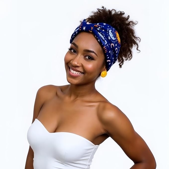 1 Pack Boho Headbands Stretch Paisley Print Bandana Headband Criss Cross Hair Bands Knotted Head Wrap Yoga Daily for Women and Girls (Blue Cosmic)