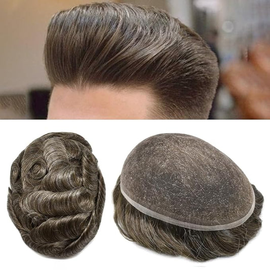 Toupee For Men Real Human Hair System For Men Full Swiss Lace Mens Toupee Lace Hair Piece For Men Hair System Bleached Knots 8x10-90% light density#420 4# MEDIUM BROWN+20% GREY