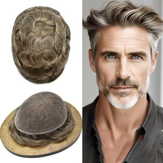 Toupee For Men Real Human Hair System For Men Full Swiss Lace Mens Toupee Lace Hairpiece For Mens Hair System Bleached Knots 8x10 120% Medium light density #640 6# LIGHT BROWN+40% GREY