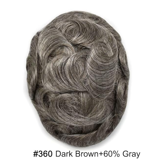 Toupee For Men Real Human Hair System For Men Full Swiss Lace Mens Toupee Lace Hair Piece For Men Hair System Bleached Knots 8x10-90% light density#360 3# DARK BROWN+60% GREY