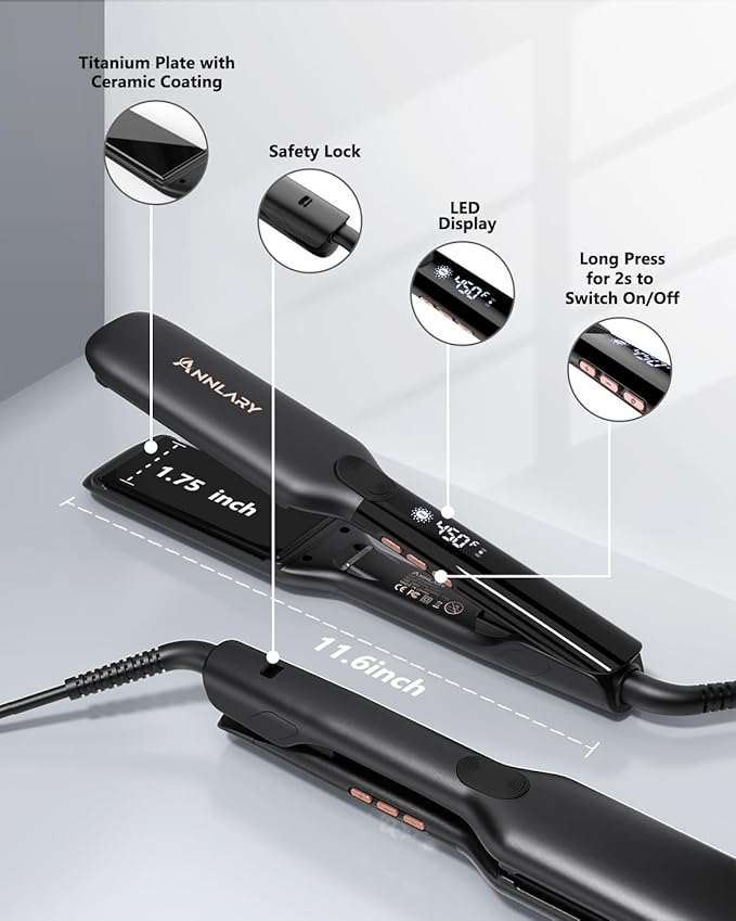 1.75 Inch Hair Straightener, Professional Titanium Plate with Ceramic Coating Ionic Dual Voltage Flat Iron with Heat-Resistant Silicone, for Less Frizz, Shinier & Smoother Hair