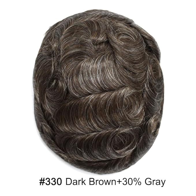 Toupee for Men Real Human Hair Swiss Lace Hairpiece for Men Hair Replacement System Poly Coated Mens Hairpieces Breathable Mens Hair System 6X9-80%Light Density 330# 3# DARK BROWN+30%GREY