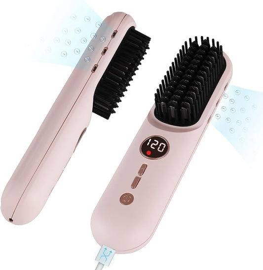 TANSHINE Cordless Hair Straightener Brush with 6000mAh Battery, Negative Ions & LCD Display - Portable Straightening Comb for Travel,Rechargeable Mini Hot Straightening Comb for Women,Pink