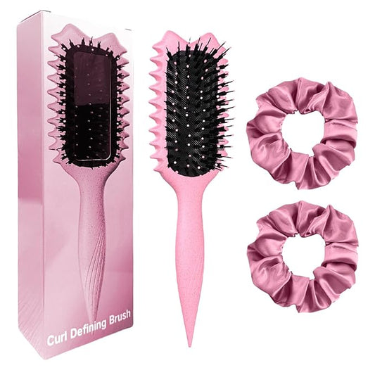 Curly Hair Brush Boar Bristles Curl Defining Brush With 2 Psc Silk Scrunchies Detangling Brush For Curly Hair Detangling Brush Styling Comb Curling Curling Brush (Pink)