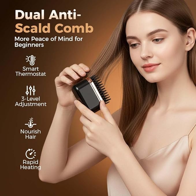 Mini Hair Straightener Brush, Rechargeable Portable Mini Straightening Comb, 3-Speed Temperature Control, Travel Size Pocket Hair Straightener for Women (Black)