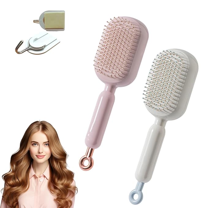 Retractable Cushion Massage Comb, Anti-Static Scalp Massager Tool, Retractable Self Cleaning Hair Brush for Women, Ergonomic Handle Hair Comb for All Types of Hairs and Wigs (Pink+White)