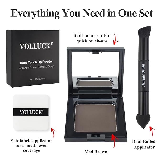 VOLLUCK Root Touch up Powder, Long-lasting Gray Hair Cover up Powder for All Hair Types, Waterproof for Women and Men (Medium-Brown, 0.42 0unce)