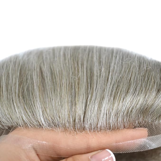 Toupee For Men Real Human Hair System For Men Full Swiss Lace Mens Toupee Lace Hair Piece For Men Hair System Bleached Knots 8x10-90% light density#650 6# LIGHT BROWN+50% GREY