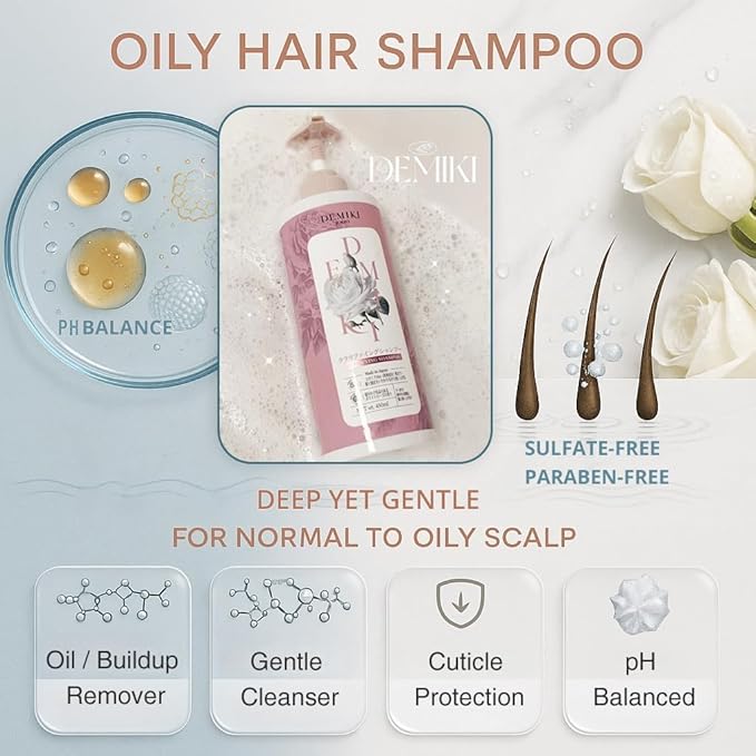 DEMIKI Shampoo for Women,Japanese Shampoo for Oily Hair, Keratin Care,Organic Rose Scent, Pink, Clarifying, Moisturizing, Anti Dandruff, Volumizing Hair Care, Sulfate Free & Paraben Free, 450ml,16oz