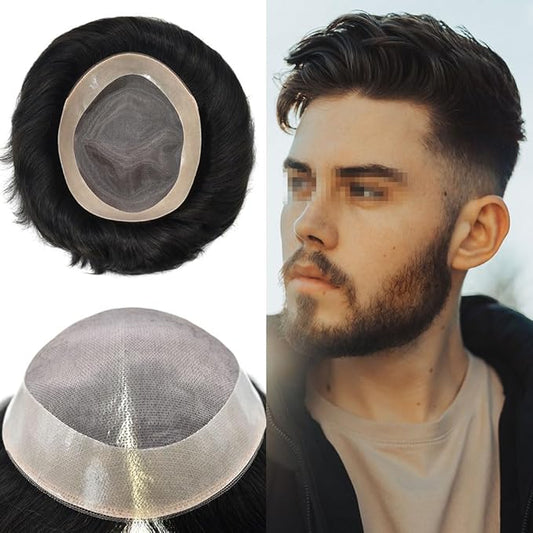 Mens Toupee Human Hair System for Men Durable Fine Mono Lace Men Replacement PU Poly Skin Around Light to Medium Density Wig Hairpiece (7"X9", 1B50 Off Black with 50% gray hair)