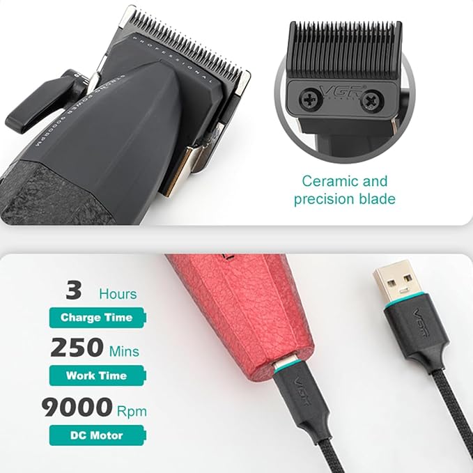 VGR Hair Clippers for Men Professional Barber Clippers and Trimmers Set, Triple Floating Blade Foil Shaver, Cordless 9000 RPM Motor Hair Cutting Kit with LED Display, V-640 & V-378 (Red)