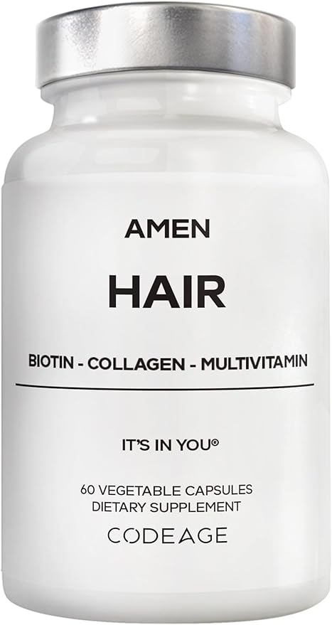 Amen Hair Vitamins - 10,000 mcg Biotin, Collagen Powder - Vitamin C, D3 & E, Pantothenic Acid, MSM, Zinc, Hyaluronic Acid, Inositol & Horsetail Extract - Non-GMO Hair Pill Supplements - 60 Capsules