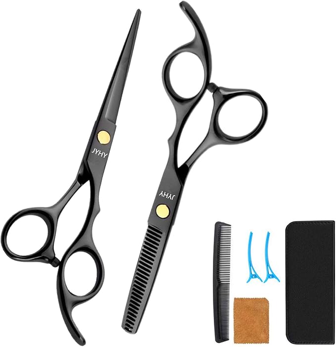 Professional Hair Cutting Scissors Shears Barber Thinning Set Kit- Family Hair Cutting,Barber Hair Cutting Tool Thinning texturizing (Black 6")