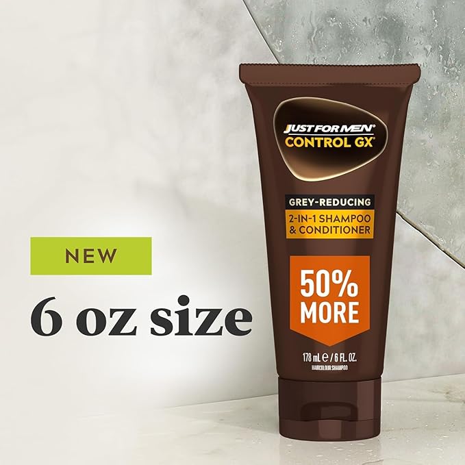 Just for Men Control GX Grey Reducing 2-in-1 Shampoo and Conditioner, Gradual Hair Color with Keratin for Stronger Thicker and Healthier Looking Hair, 6 Fl Oz - Pack of 2