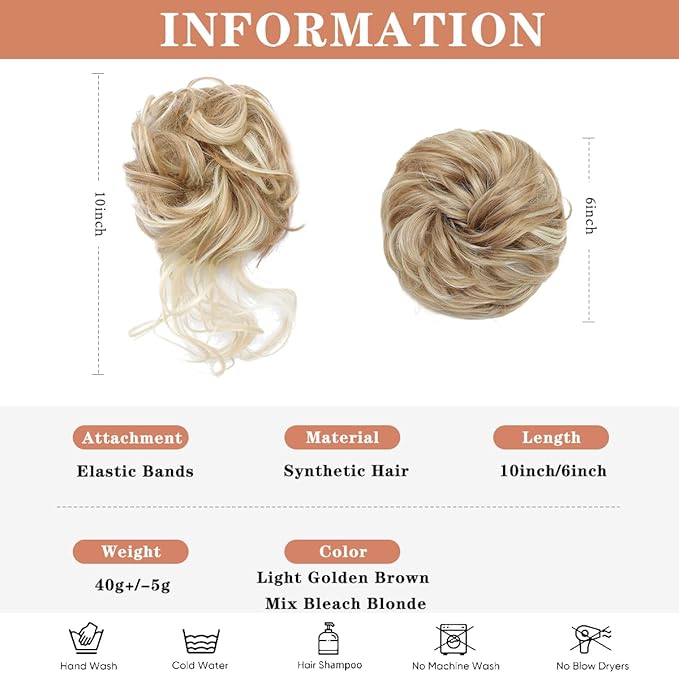 2 PCS Messy Bun Hair Piece Updo Hair Buns Extension Elastic Hair Band Bun Pieces Curly Hair Bun Scrunchie for Women #24H613 Light Golden Brown Mix Bleach Blonde