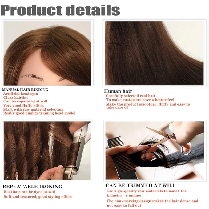 Mannequin Head with Human Hair, 18 inch Mannequin Head with Tripod Stand, Real Hair Cosmetology Makeup Hairdressing Training Head with Wig Stand Tripod, Doll Head for Hair Styling Training with Table