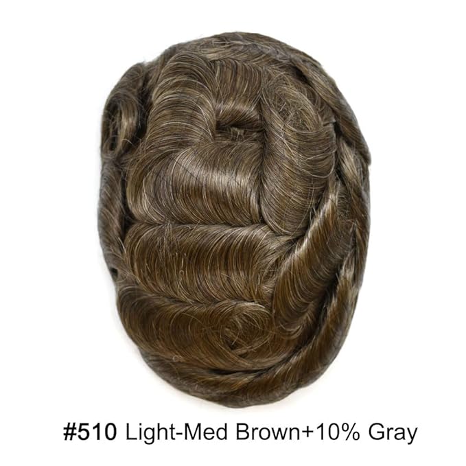 Toupee For Men Real Human Hair System For Men Full Swiss Lace Mens Toupee Lace Hair Piece For Men Hair System Bleached Knots 8x10-80% light density#510 5# MEDIUM LIGHT BROWN+10% GREY