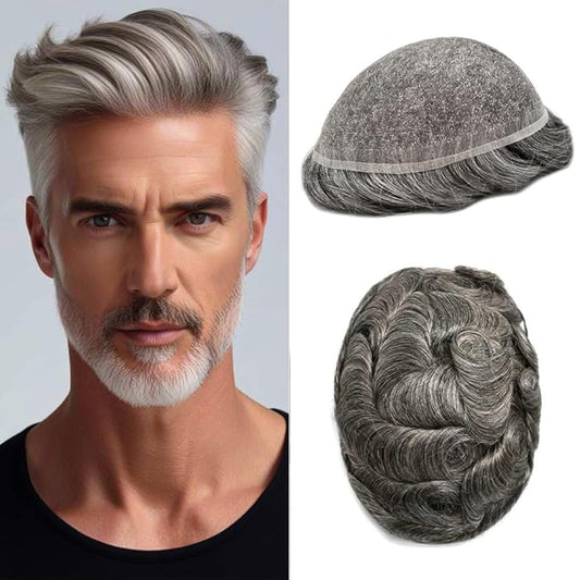 Toupee For Men Real Human Hair System For Mens Toupee Full Swiss Lace Hair Piece For Men Hair System Bleached Knots 6x8 Mmedium light density #1B60 1B# OFF BLACK+60% GREY