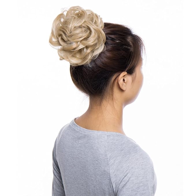 Benehair Hair Bun Hairpiece Scrunchy Updo Hair Pieces Fluffy Scrunchies Donut Hairpiece Synthetic Curly Wavy Messy Chignons With Elastic Rubber Band Dark Blonde & Bleach Blonde-Thicker 1pc 35g