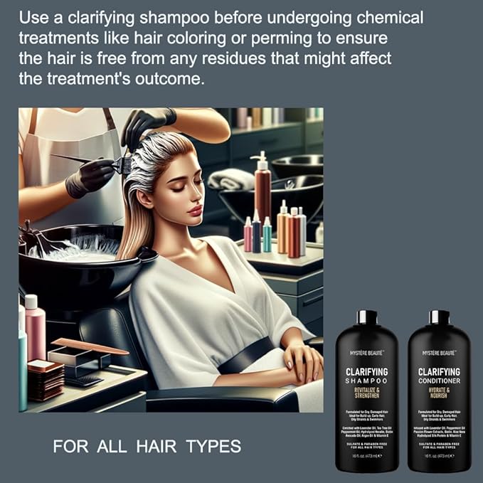 Clarifying Shampoo and Conditioner Set- Hydrating, Calming & Removes Buildup, For All Hair Types, Clarifying Cleanse for Dirt, Oil & Hard Water Buildup, for Men Women MYSTÉRE BEAUTÉ - 16 fl oz each