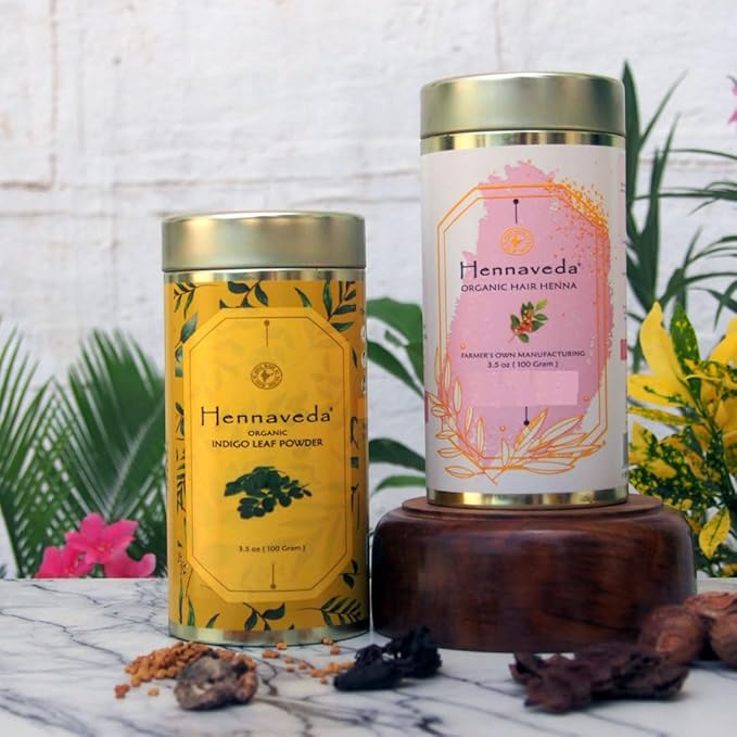 Hennaveda Hair Henna Powder & Indigo Powder, Hair Color Combo with Hair Dye Brush, Gloves and Shower Cap 200g, Henna with Geographical Indication (GI) tag "Sojat Mehndi"