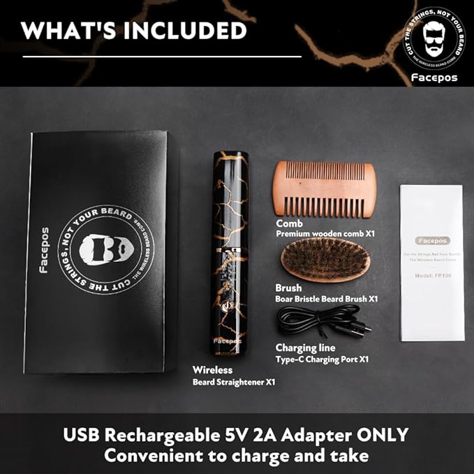 Wireless Electric Heated Beard Straightener Set-FACEPOS Elegant Crackle Pattern Design + Bonus Beard Brush & Wooden Comb for Perfect Grooming