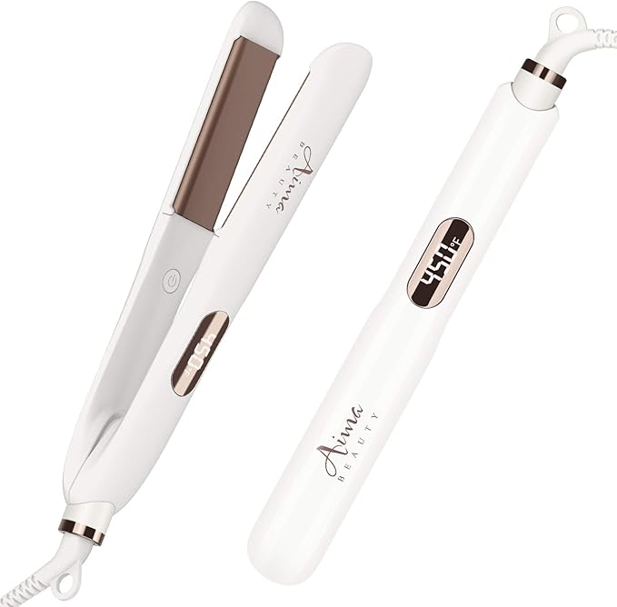 1¼ Inch Titanium Nano Flat Iron, Aima Beauty 2 in 1 Hair Straightener with 3D Floating Ceramic Coating Plates for Healthy Styling & Thin Hair, LCD Temp Display, Dual Voltage, White