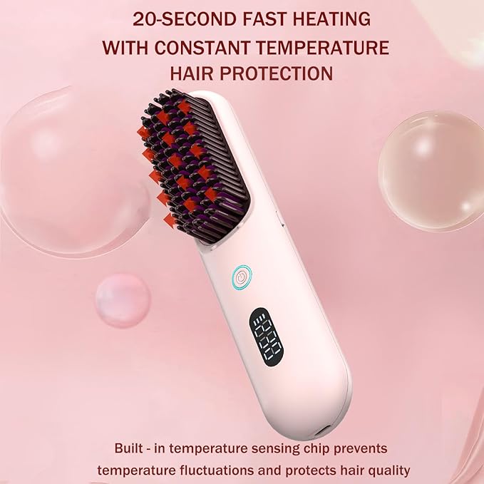 OUEST Cordless Hair Straightener Brush, Portable Mini Straightener Flat Iron, Ceramic Hot Comb with Negative Ions for Women, Lightweight Heated Hair Brush for Travel, Pink