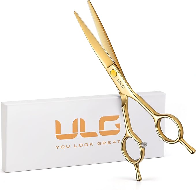 ULG Professional Hair Cutting Scissors 6.5 Inch – Sharp Barber Shears, Stainless Steel Symmetrical Salon Haircut Scissors for Women, Men, Kids, Gloss Paint Finish, Golden