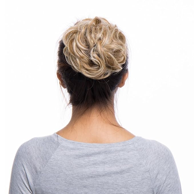 Benehair Hair Bun Hairpiece Scrunchy Updo Hair Pieces Fluffy Scrunchies Donut Hairpiece Synthetic Curly Wavy Messy Chignons With Elastic Rubber Band Light Ash Brown & Bleach Blonde-Thicker 2pcs 70g