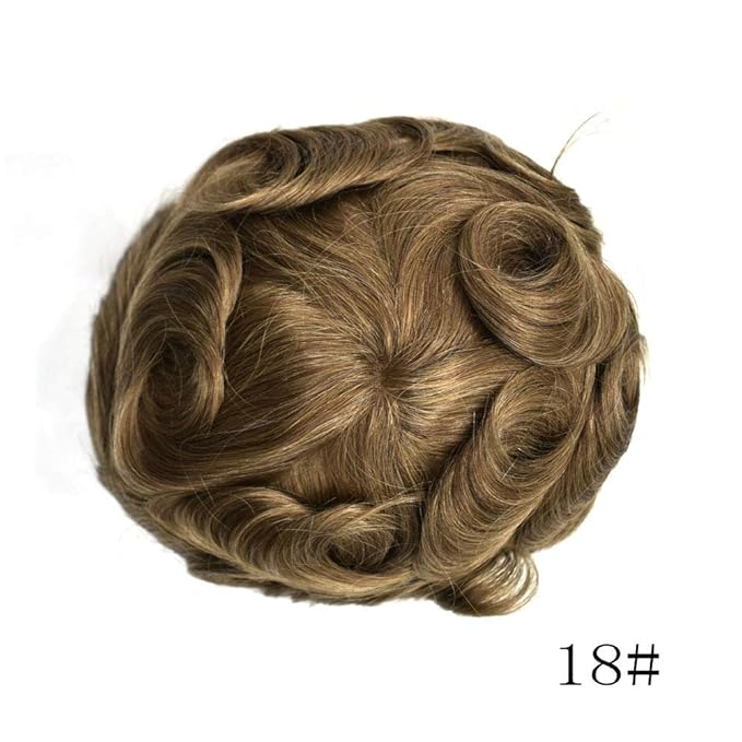 Mens Toupee Human Hair System Durable Fine Mono Lace Men Replacement PU Poly Skin Around Light to Medium Density Wig Hairpiece (7"X9", 18 Medium Ash Blonde)