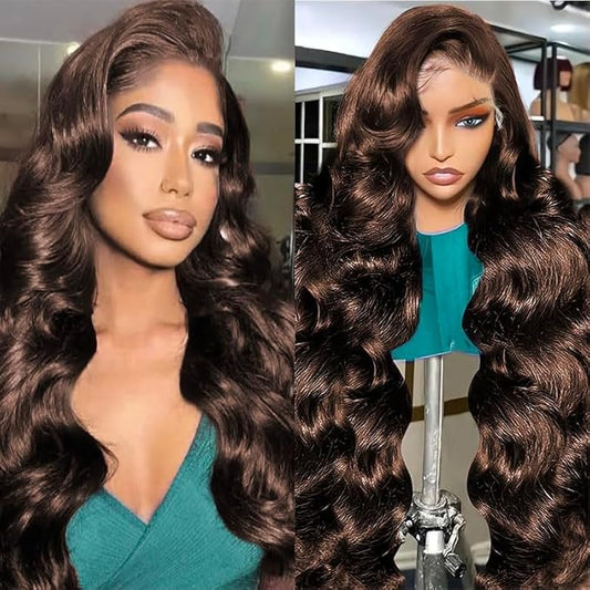 200% Density 13x6 Body Wave HD Lace Front twigs Human Hair Chocolate Brown Lace Front Wig Pre Plucked for Women Brown Wigs Human hair 22inch