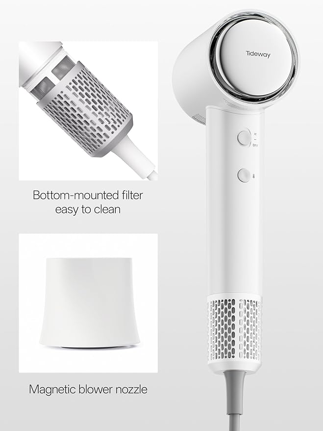 Tideway Hair Dryer, Blow Dryer with Diffuser, Ionic Professional High-Speed 1500W Low-Noise, 110,000 RPM Brushless Motor, Fast Drying, Travel Compact for Women & Men (White)