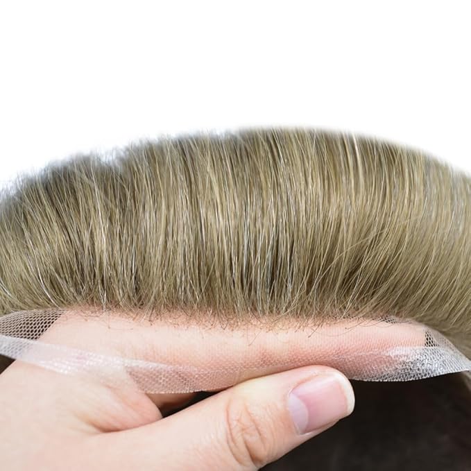 Toupee For Men Real Human Hair System For Men Full Swiss Lace Mens Toupee Lace Hair Piece For Men Hair System Bleached Knots 8x10 120%Medium light density #1820 18# MEDIUM BLONDE+20%GREY