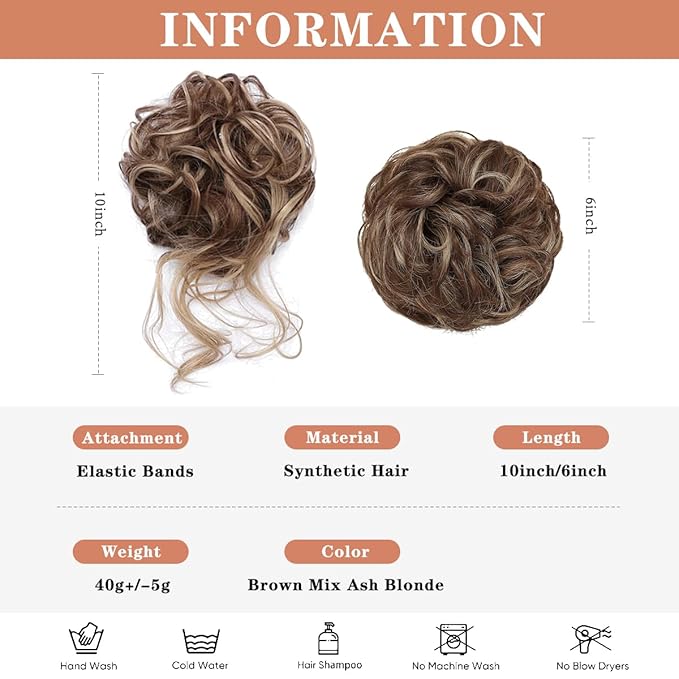 2 pcs Messy Bun Hair Piece Wavy Curly Hair Bun Scrunchies for Women Bun Hair Piece with Elastic Band Scrunchies Stretchy Fluffy Chignon Ponytail Hairpieces Updo for Women #12H24 Brown Mix Ash Blonde