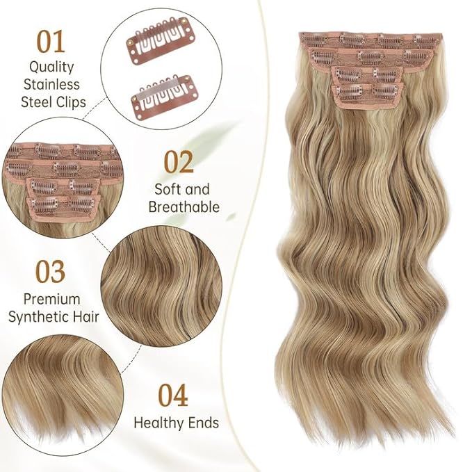 Vigorous Clip in Hair Extensions 4PCS Blonde mix Bleach Blonde Long Wavy Hairpieces 20Inch Hair Extensions Clip Ins Soft Synthetic Hairpieces for Women