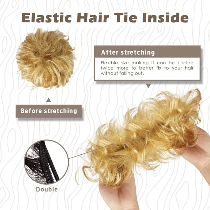 BARSDAR 100% Human Hair Bun Extension - Human Hair Messy Bun Hair Pieces Blonde Hair Bun Extensions for Women - Real Human Hair Bun Scrunchies Updo Chignons Daily - Caramel & Bleach Blonde