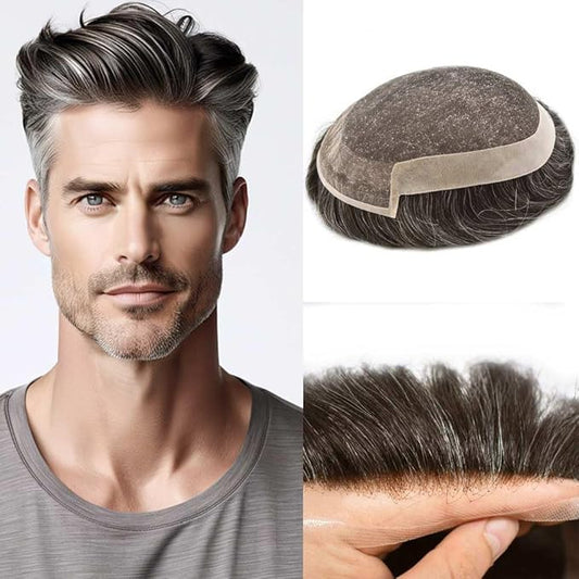 Toupee for Men Real Human Hair Swiss Lace Hairpiece for Men Hair Replacement System Poly Coated Mens Hairpieces Breathable Mens Hair System 6X9-100% Density 330# 3# DARK BROWN+30% GREY