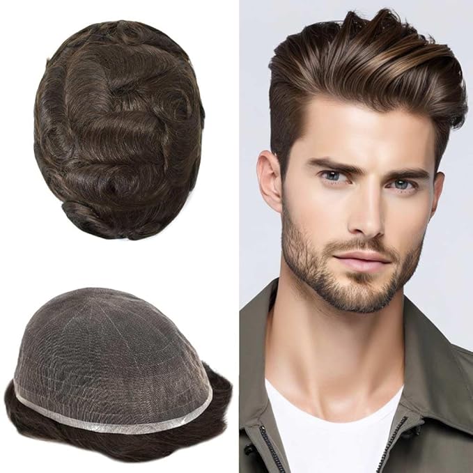 Toupee For Men Real Human Hair System Full Swiss Lace Mens Toupee Lace Hair Piece For Men Hair System Bleached Knots 7x9 120% Medium light density 3# DARK BROWN