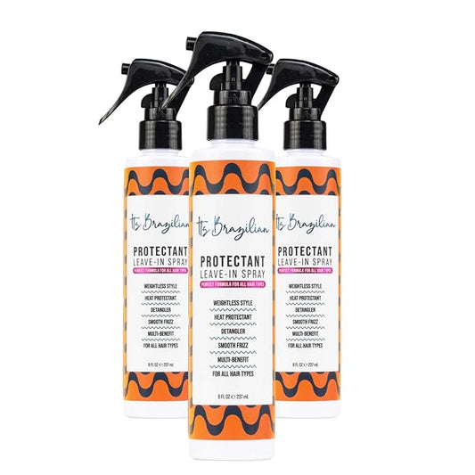 IT'S BRAZILIAN 3 pack Protectant Leave-In Spray with Vitamin E — Heat Protectant, Detangler & Frizz Control, Paraben-Free, 8 fl oz
