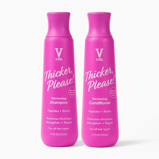 V&Co. Beauty Thickening Hair Shampoo & Conditioner Set (12 Oz. Each) with Peptide Technology, Biotin and Coconut Oil, Sulfate Free Shampoo & All Natural Conditioner for Thickening Hair, Builds Density