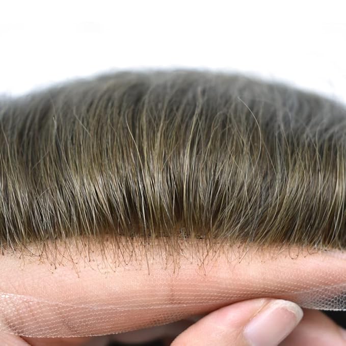 Toupee For Men Real Human Hair System For Men Full Swiss Lace Mens Toupee Lace Hair Piece For Men Hair System Bleached Knots 8x10-80% light density#710 7# VERY LIGHT BROWN+10% GREY