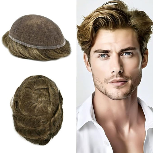 Toupee For Men Real Human Hair System Full Swiss Lace Mens Toupee Lace Hair Piece For Men Hair System Bleached Knots 6x9 Mmedium light density 7# VERY LIGHT BROWN