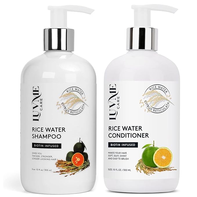 Luv Me Care Rice Water Hair Thickening Shampoo and Conditioner Set - with Biotin Strengthening and Volumizing Formula for Thinning Hair, All Hair Types, Men and Women